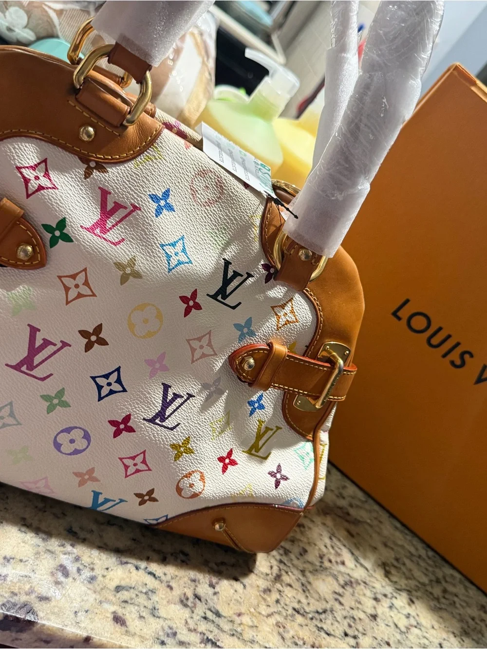 Louis Vuitton White Murakami Monogram Satchel with Tan Trim